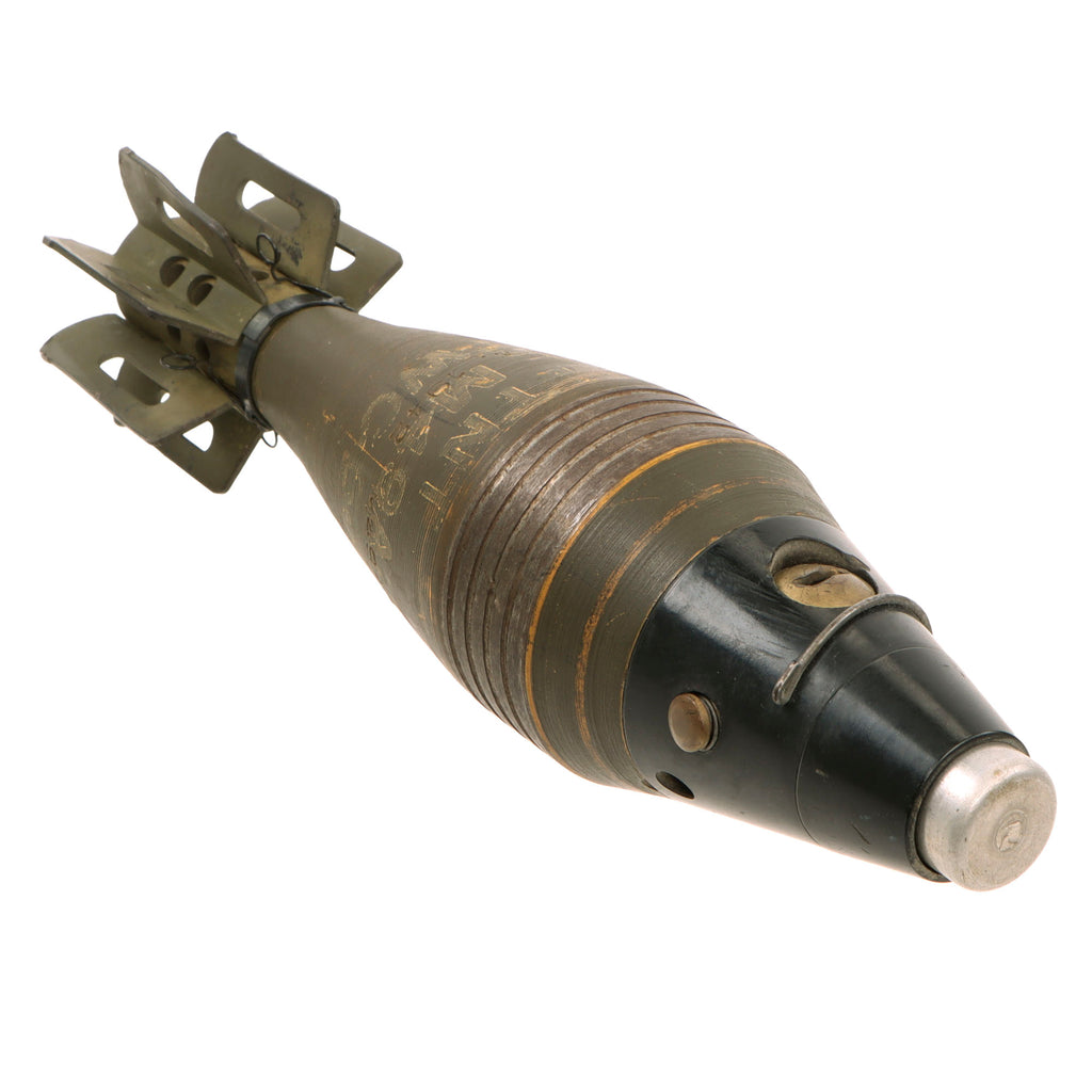 Original U.S. WWII Inert 1942 Dated M49A2 60mm Deactivated High Explosive Mortar Round with Outstanding Period Factory OD Green Repaint - Excellent Original Items