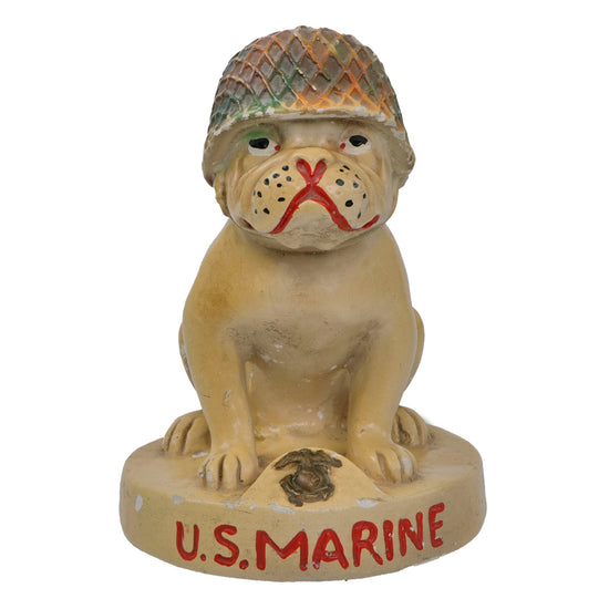 Original U.S. WWII USMC Chalk Art Bulldog Statue with Camouflage-Painted M1 Helmet Original Items