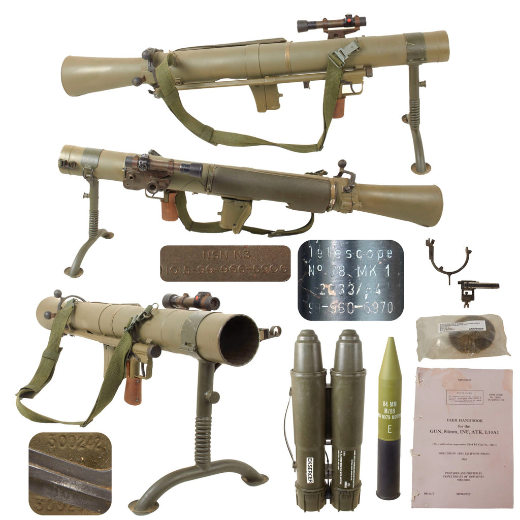Original Cold War Era Carl Gustaf M2 84mm Deactivated Recoilless Rifle Anti-Tank Launcher with Rare British Optic, Training Round in Carrier, Manual, and Spare Parts - Inert Original Items