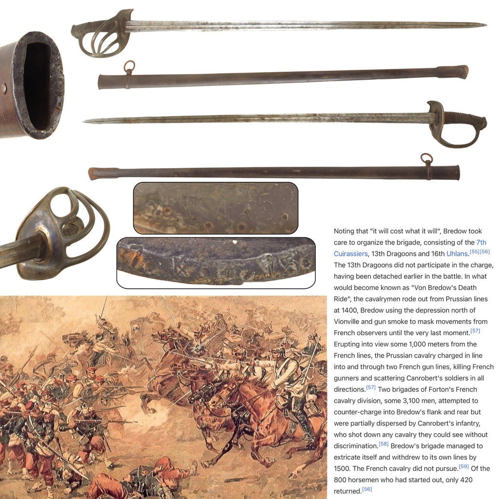 Original French Franco-Prussian War German Captured M1854 Heavy Carabinier Cuirassier Saber with German 7th (Magdeburg) Cuirassiers "von Seydlitz" Unit Markings on Guard & Scabbard - Outstanding Original Items