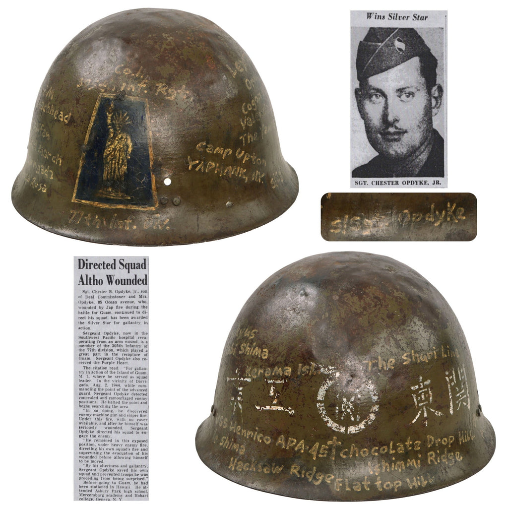 Original U.S. WWII 77th Infantry Division Captured & Painted Travel Diary Japanese Last Ditch Type 92 Helmet of Silver Star Recipient Chester B. Opdyke Original Items