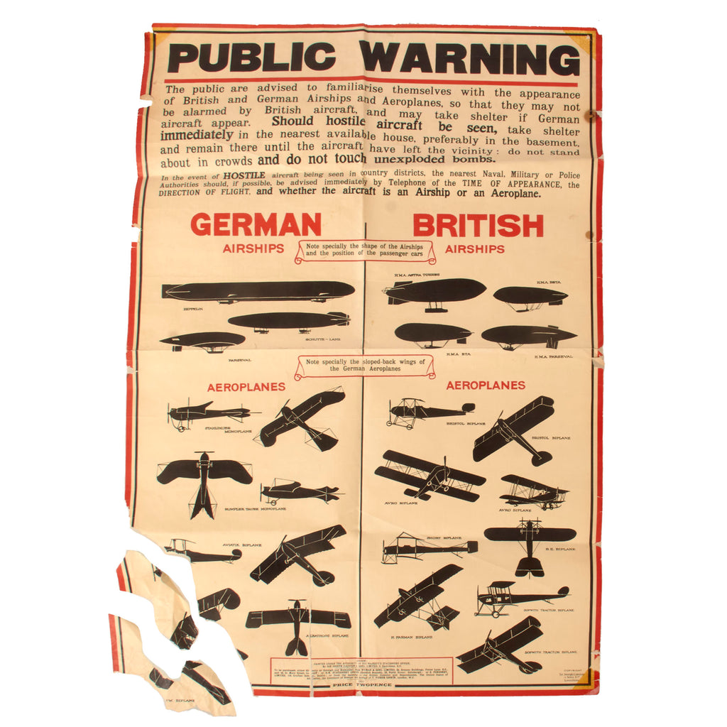 Original British WWI Public Warning Airships Identification Poster - Damaged - 19 ½ x 29 ½” Original Items