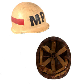 Original U.S. WWII USMC Marine Ship Detachment Military Police Painted Front Seam Swivel Bale M1 Helmet with Liner