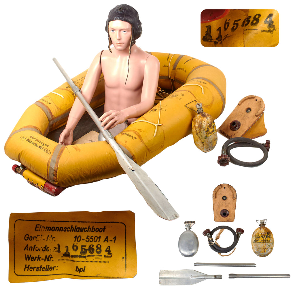 Original German WWII Unissued Luftwaffe Einmannshlauchboot Rubber Survival Dinghy Single Person Inflatable Boat by Klepper-Werke of Rosenheim with Collapsible Oar, Emergency Petrol & Water Canteens and Other Accessories Original Items