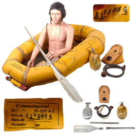 Original German WWII Unissued Luftwaffe Einmannshlauchboot Rubber Survival Dinghy Single Person Inflatable Boat by Klepper-Werke of Rosenheim with Collapsible Oar, Emergency Petrol & Water Canteens and Other Accessories