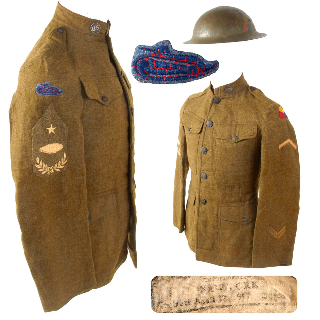 Original U.S. WWI Tank Corps Master Engineer Senior Grade Uniform & Painted Helmet Group with Rare French Tank NCO Patch Worn by U.S. 2nd Motor Maintenance Regiment Original Items