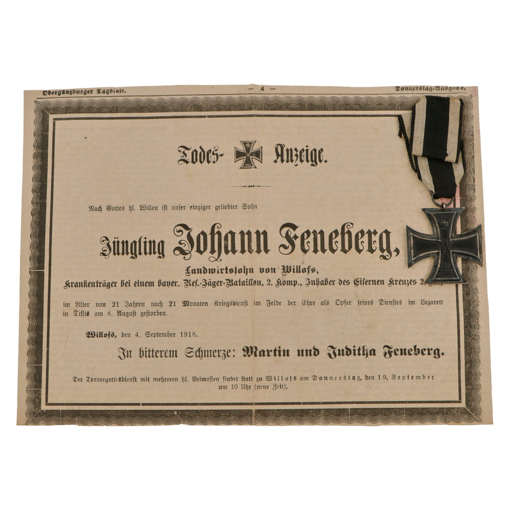 Original Imperial German WWI Prussian Iron Cross 2nd Class 1914 with Ribbon and Soldier’s Death Notice Taken from Newspaper - Johann Feneberg, Reserve Jager Battalion Stretcher Bearer Original Items