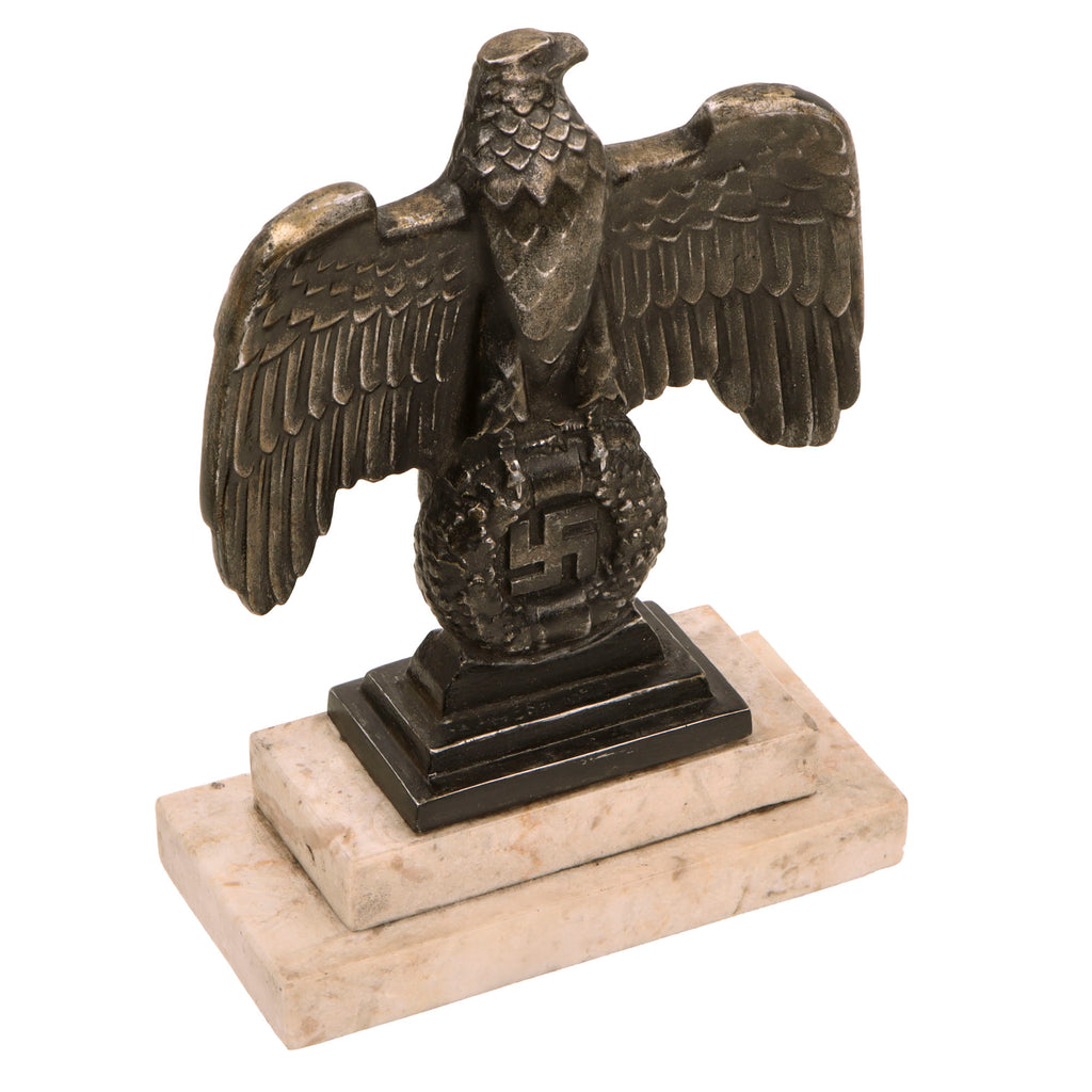Original German WWII Bronzed Metal NSDAP Reichsadler Eagle Desk Ornament on White Marble Base