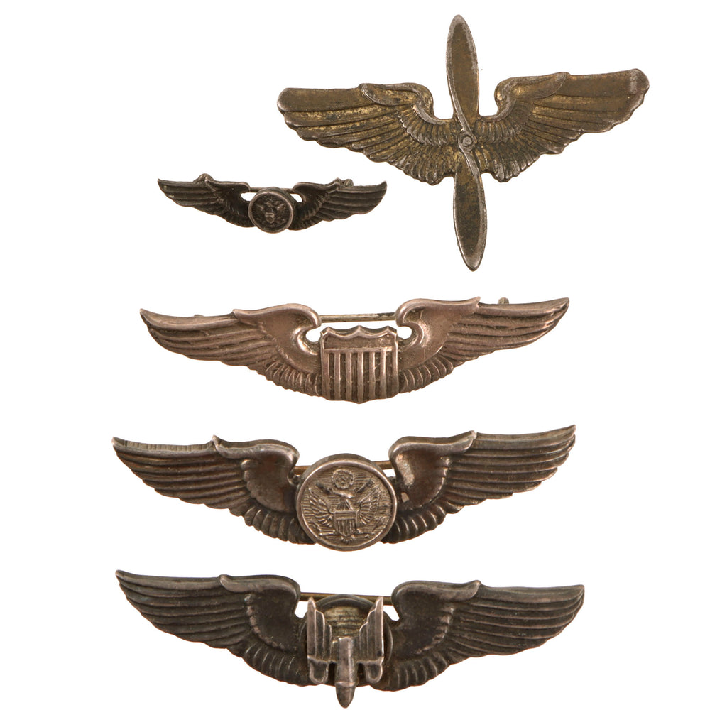 Original U.S. WWII CBI Indian-Made Small-Size Sterling Aviator Wings Lot with Brass Propeller Badge