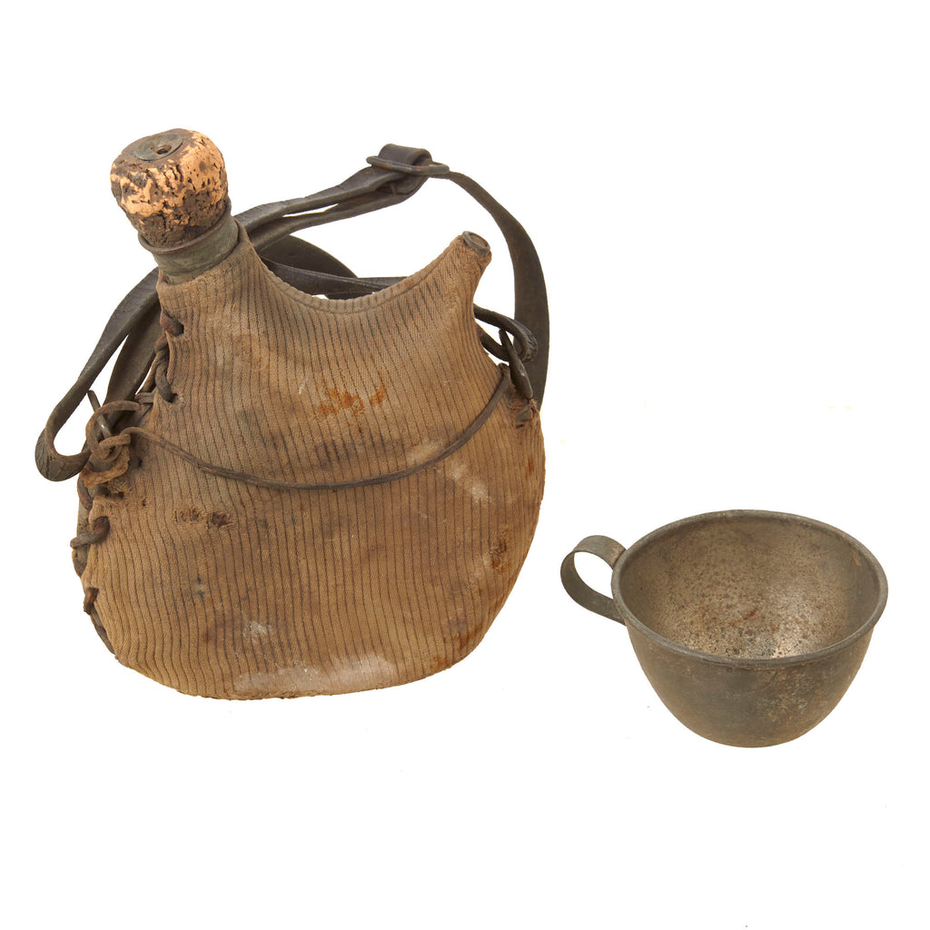 Original French WWI Model 1877 Canteen with Cover, Shoulder Strap, and Cork Plug with Issue Cup - Bidon Original Items