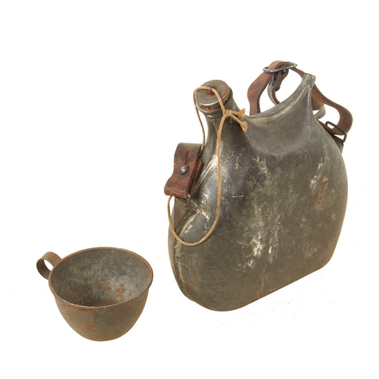 Original French WWI Model 1877 Canteen by J.J. Carnaud of Paris with Shoulder Strap and Tin Cup Original Items