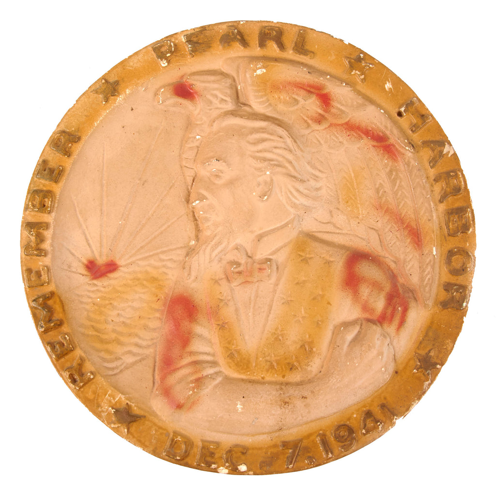 Original U.S. WWII Patriotic “Remember Pearl Harbor” Painted Chalk Plaque of Uncle Sam - 9½” Diameter Original Items