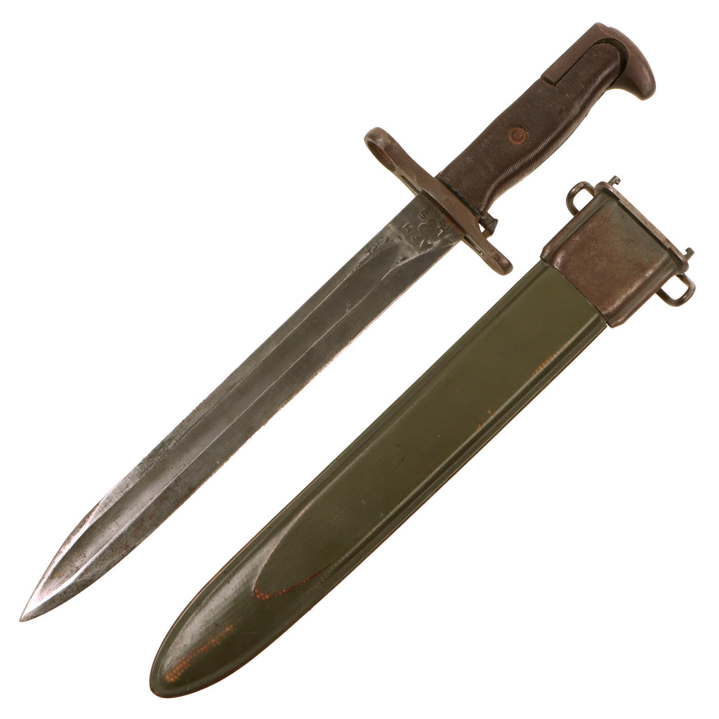 Original U.S. WWII M1 Garand 10 Inch Cut-Down Bayonet by American Fork & Hoe with with Rare CAB Grips & M7 Scabbard - Dated 1943 Original Items