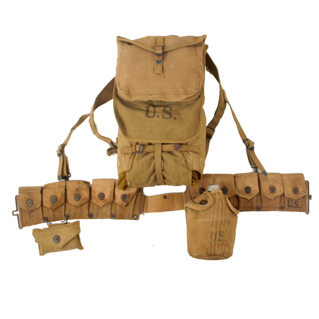 Original U.S. WWII Rifleman Equipment Lot: M-1923 Cartridge Belt, M-1928 Pack, & M1942 1st Aid Pouch with Carlisle Bandage - Canteen, Mess Kit & Pouch