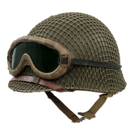 Original U.S. WWII McCord M1 Front Seam Fixed Bale Helmet with Firestone Liner, Helmet Net, and Polaroid Goggles with Laundry Number