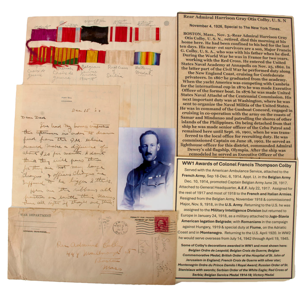 Original U.S. WWI Ribbons & Letter of Colonel Francis Thompson Colby, American Ambulance Service & Service with French & Belgian Armies - Outstanding Provenance Original Items