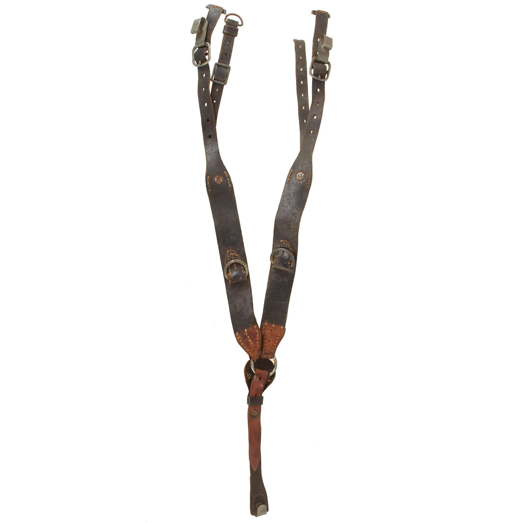 Original German WWII Army Leather Combat Suspender Y Straps with Faint RBNr Number Marking - Dated 1944