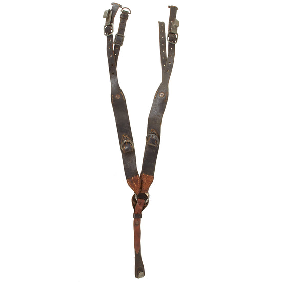 Original German WWII Army Leather Combat Suspender Y Straps with Faint RBNr Number Marking - Dated 1944