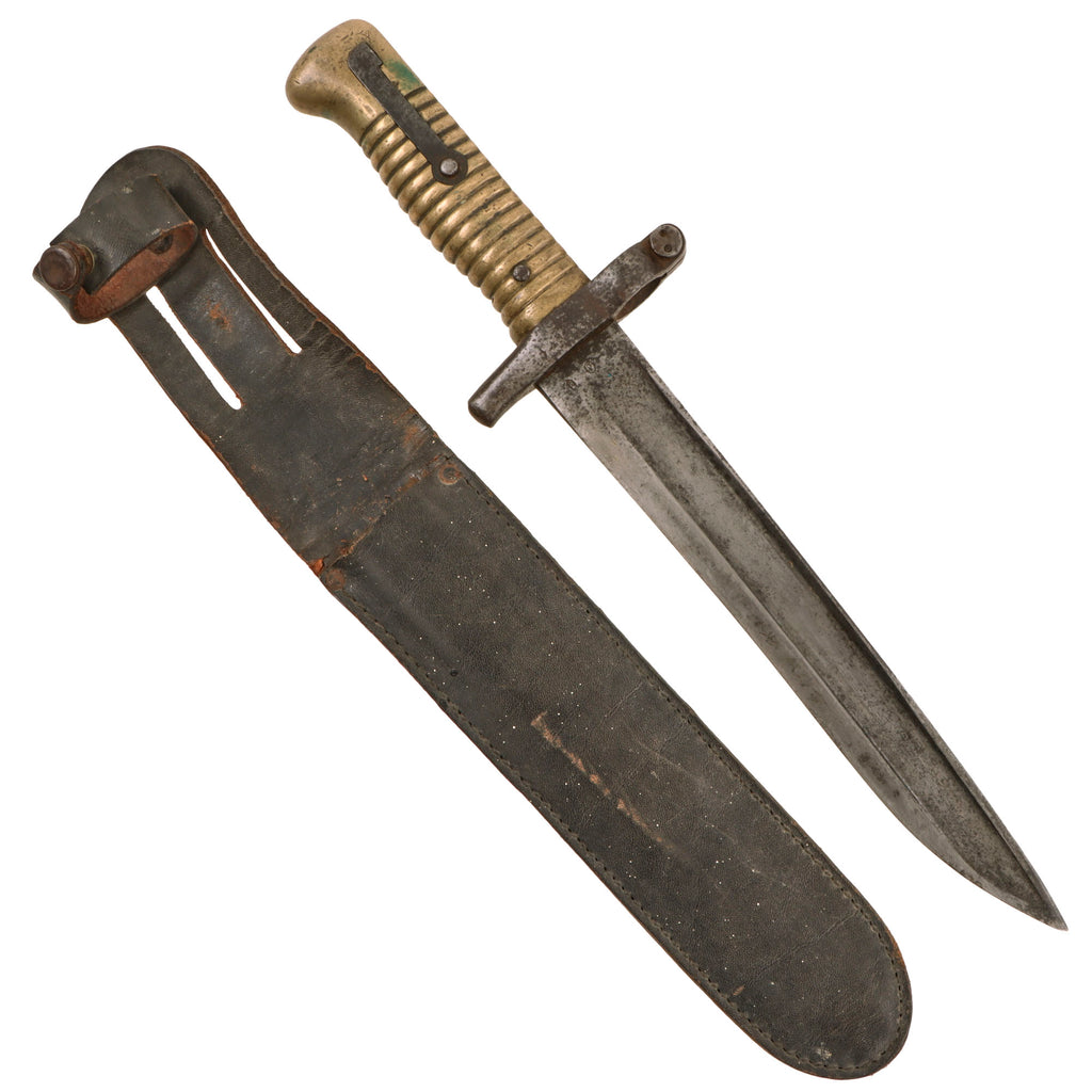 Original U.S. WWII French M1866 Chassepot Saber Bayonet Converted To Fighting Knife With Leather Scabbard - Dated April 1868