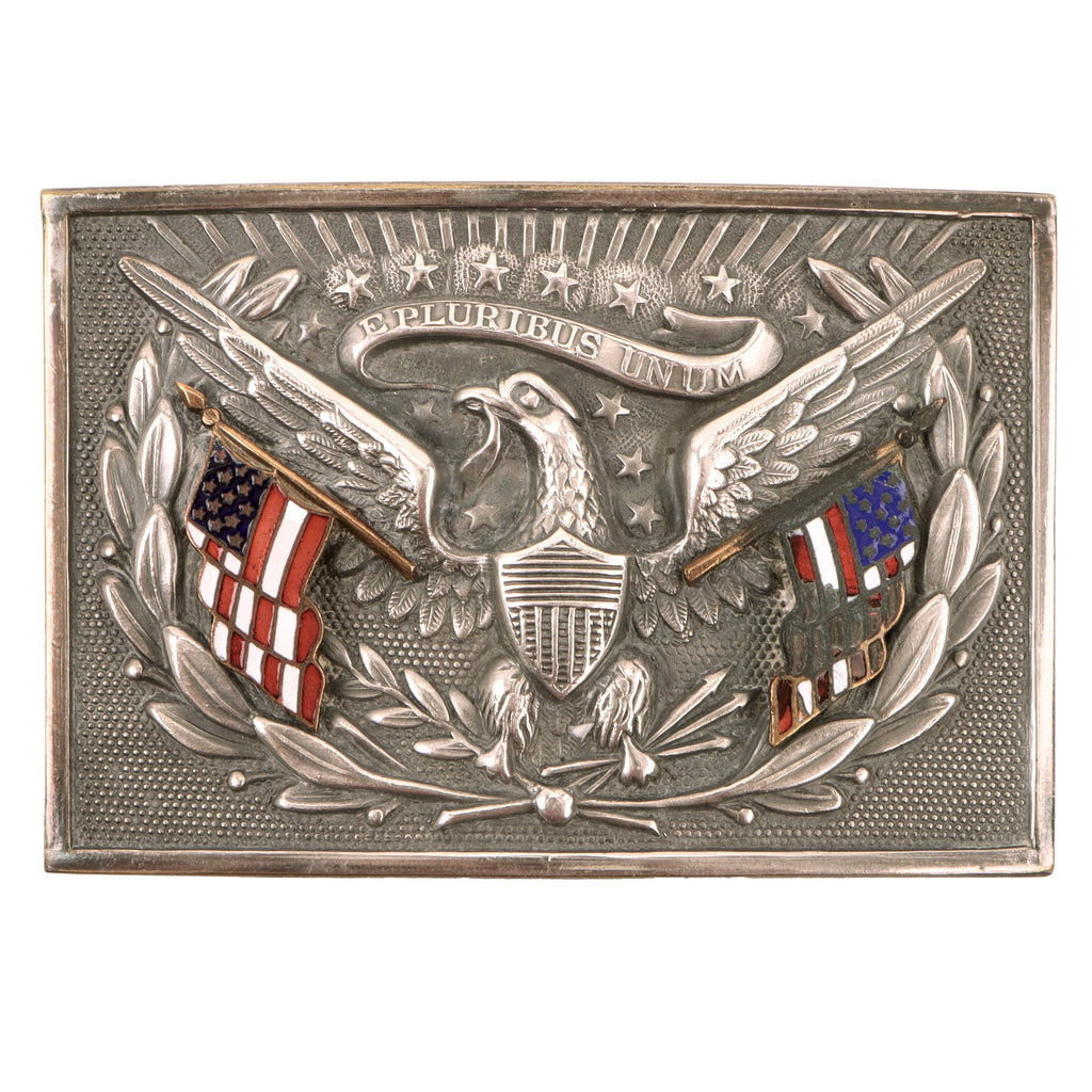 Original U.S. Spanish-American War Non-Regulation Officer’s Belt Buckle Based on the Model 1851 Regulation Belt Buckle with Attached Enamel Flags Original Items