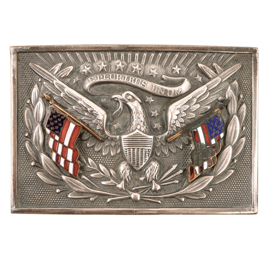 Original U.S. Spanish-American War Non-Regulation Officer’s Belt Buckle Based on the Model 1851 Regulation Belt Buckle with Attached Enamel Flags Original Items