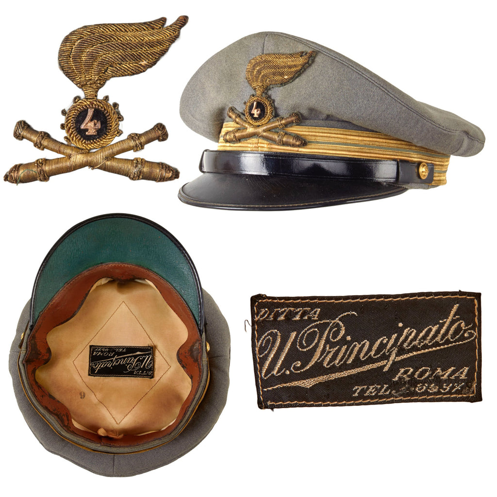Original Italian WWII Royal Italian Army 4th Heavy Field Artillery Regiment Capitano Officers Peaked Visor Cap by U. Principato of Rome - Size 6 Original Items