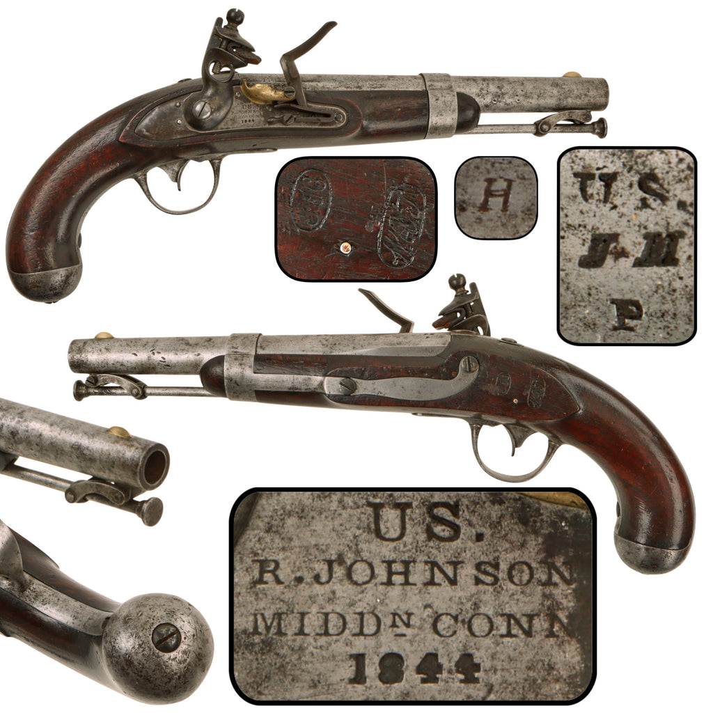 Original U.S. Model 1836 Flintlock Cavalry Pistol by Robert Johnson of Middletown, Connecticut with Inspector Cartouches, Dated 1844, Unconverted