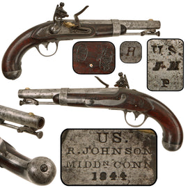 Original U.S. Model 1836 Flintlock Cavalry Pistol by Robert Johnson of Middletown, Connecticut with Inspector Cartouches, Dated 1844, Unconverted