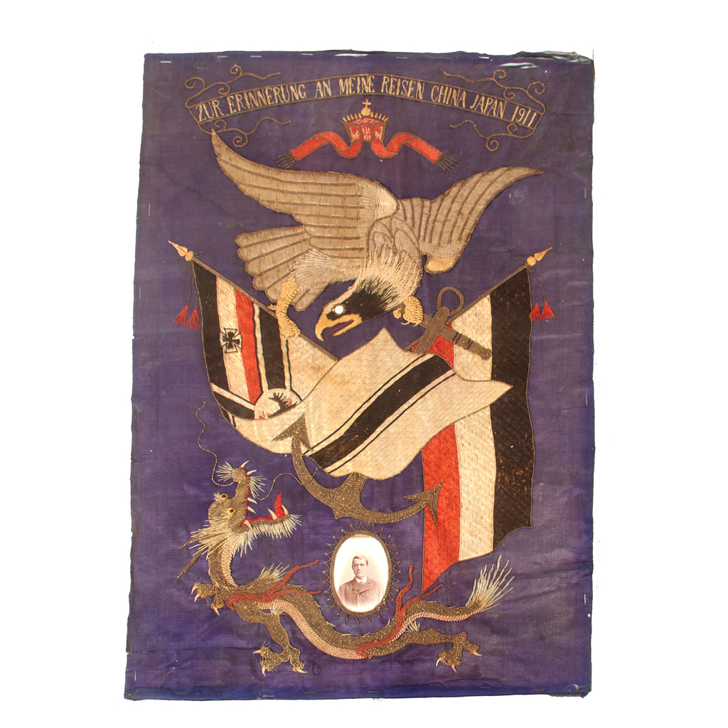 Original Imperial German Pre-WWI Kaiserlichemarine China & Japan Embroidered Silk Panel with Outstanding Dragon & Eagle Motif - Dated 1911