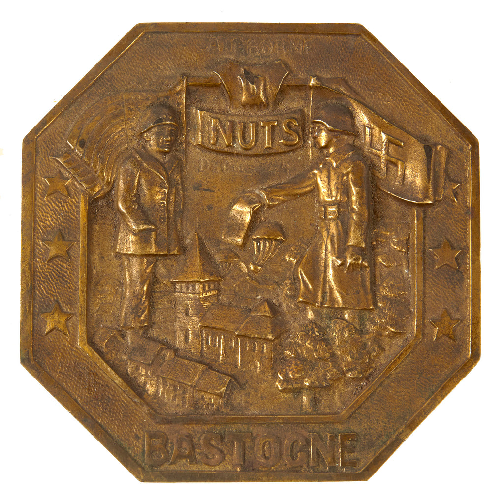 Original WWII U.S. 101st Airborne Battle of the Bulge Brass NUTS Plaque - Bastogne 1944