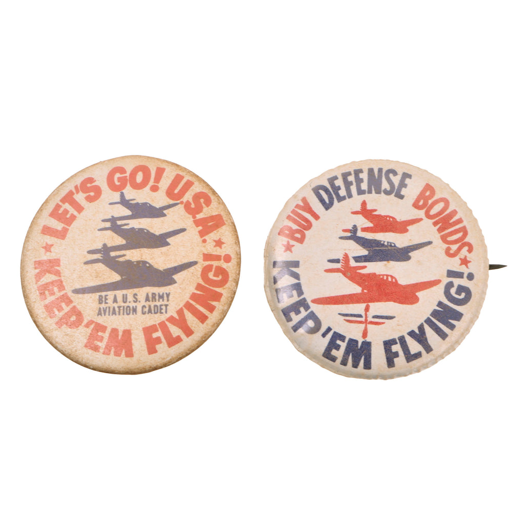 Original U.S. WWII Homefront “Buy Defense Bonds” “Keep ‘Em Flying” Pin Button - Two Variations - Deadstock