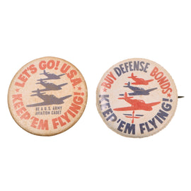 Original U.S. WWII Homefront “Buy Defense Bonds” “Keep ‘Em Flying” Pin Button - Two Variations - Deadstock