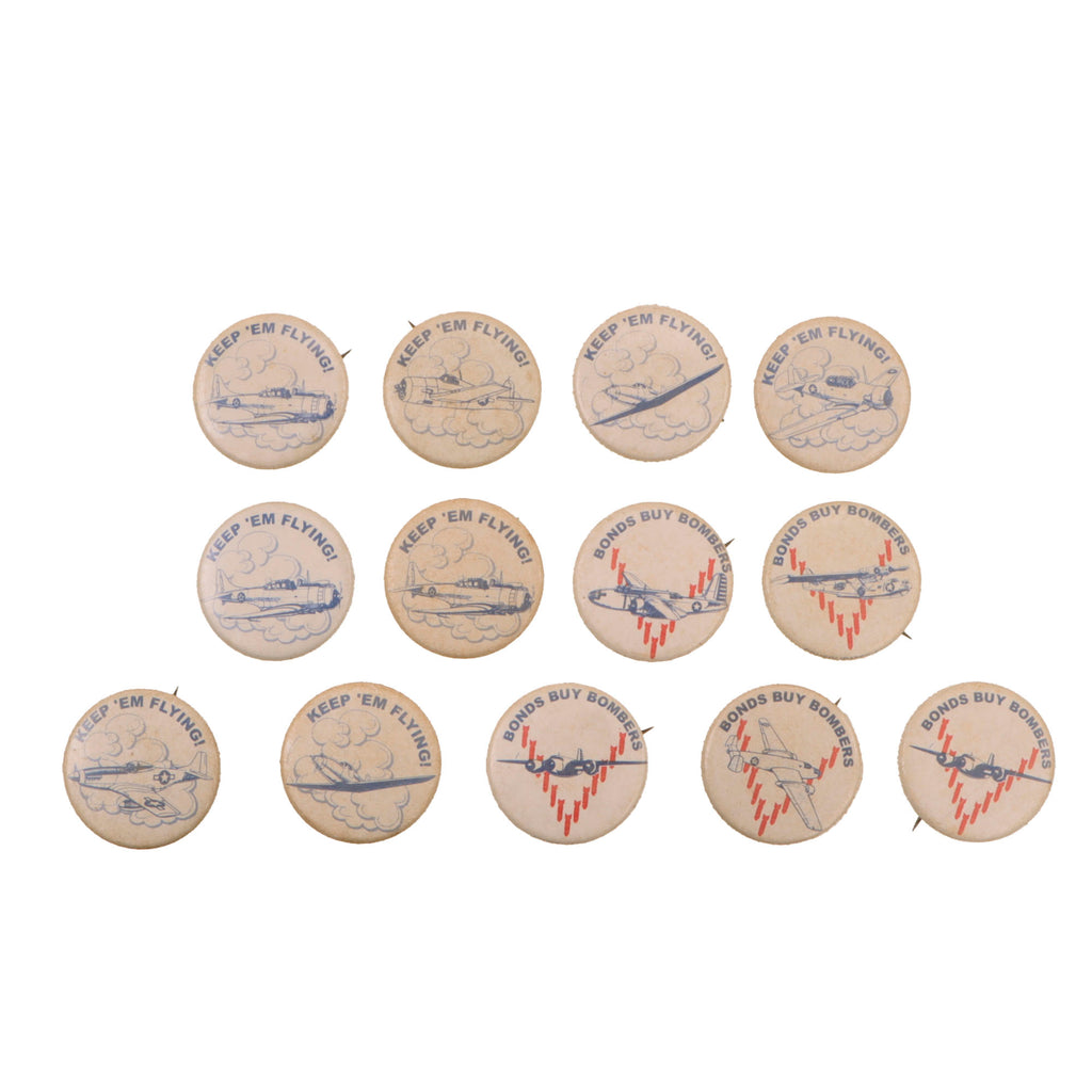 Original U.S. WWII Home Front "Keep 'Em Flying!" & "Bonds Buy Bombers" Aviation Patriotic Pinback Button Lot – 13 Pieces