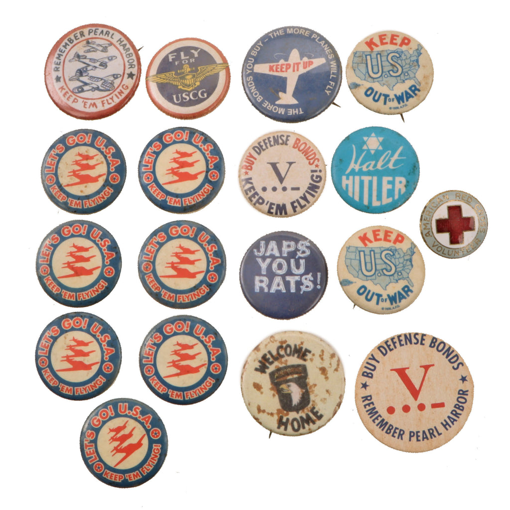 Original U.S. Pre-WWII & WWII Home Front Patriotic, Aviation, War Bond & Organization Button Collection – 18 Pieces