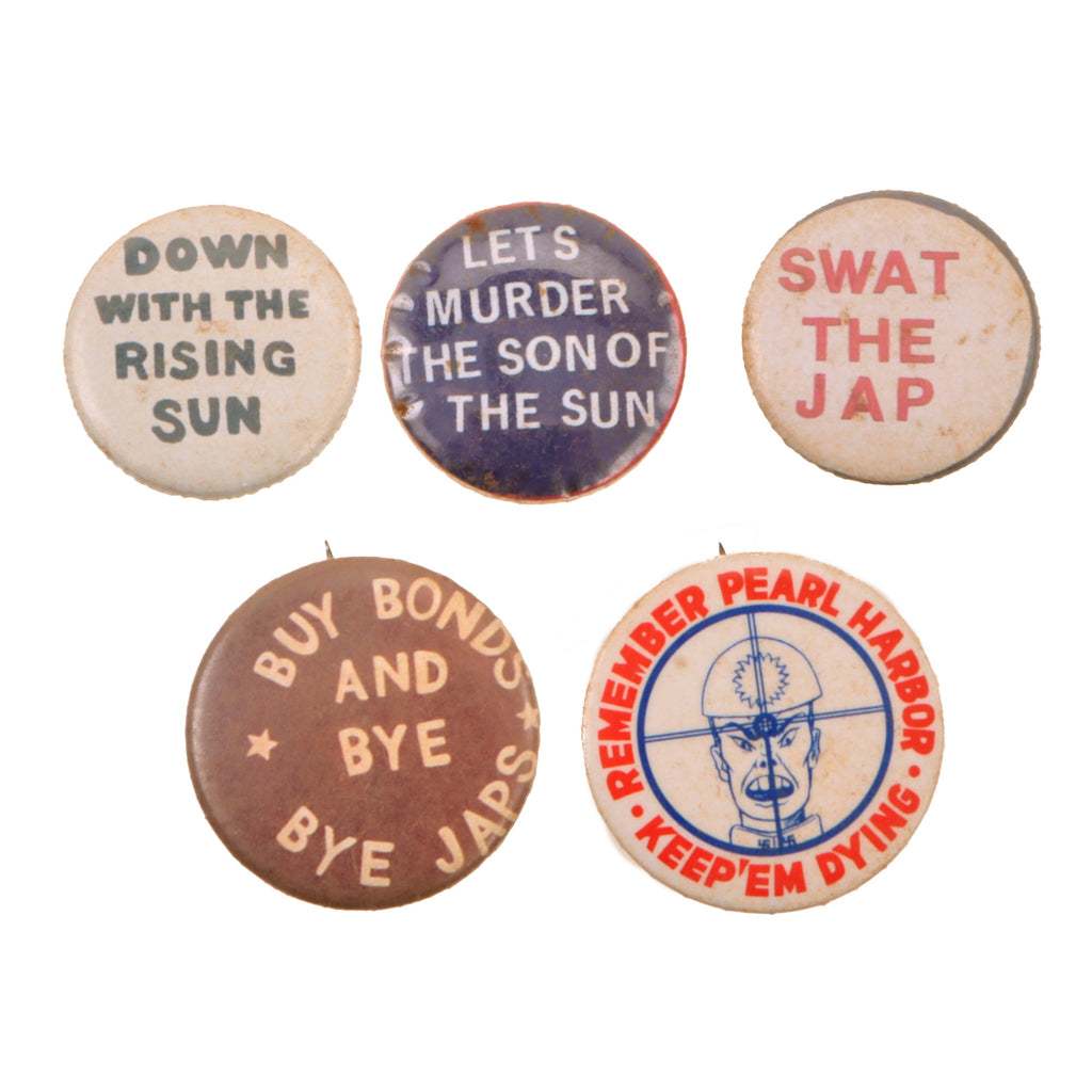 Original U.S. WWII Home Front Anti-Japanese Propaganda Pinback Button Lot – 5 Pieces