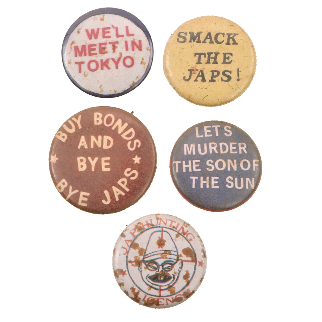 Original U.S. WWII Home Front Anti-Japanese Propaganda Patriotic Pinback Button Collection – Lot of 5