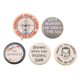 Original U.S. WWII Home Front Anti-Japanese Propaganda Pinback Button Collection – Remember Pearl Harbor & Rising Sun Slogans – Lot of 5