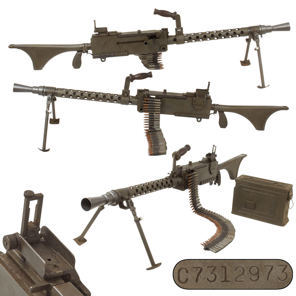 Original U.S. WWII Type Browning 1919A6 Inert Display Machine Gun with Bipod, Shoulder Stock, Carry Handle, and Dummy Ammo in Can
