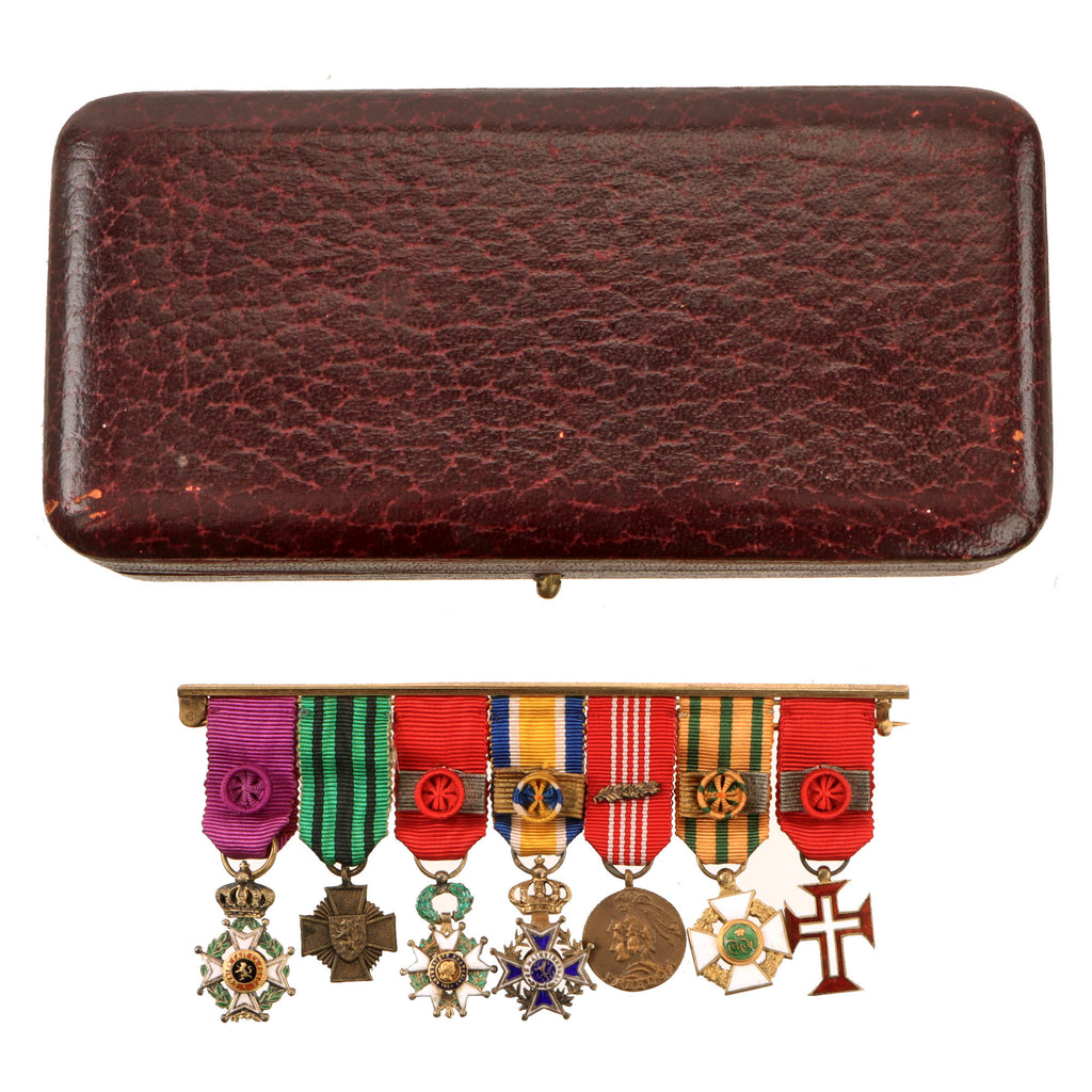 Original WWII / Postwar Belgian Escapee & Allied Service Seven-Decoration Miniature Medal Bar with Arthus Bertrand Paris Case