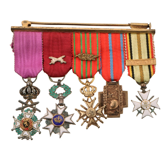 Original Belgian WWI Veteran Five-Decoration Miniature Medal Bar with Order of Leopold, Order of the Crown, Croix de Guerre, Fire Cross & Civic Decoration 1914–1918