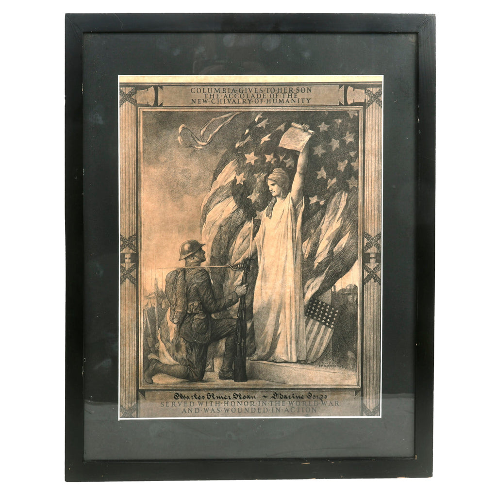 Original U.S. WWI U.S.M.C. Wounded in Action Columbia Document Framed - Charles Elmer Sloan - Battle of Blanc Mont Original Items