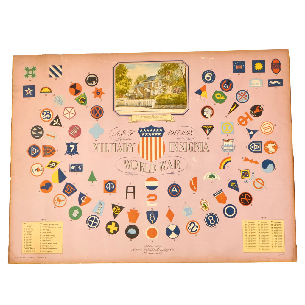 Original U.S. WWI Rare Poster of Insignia of the American Expeditionary Forces - Printed by Adam Scheidt Brewing Co. in 1940 - 20¼” x 27” Original Items