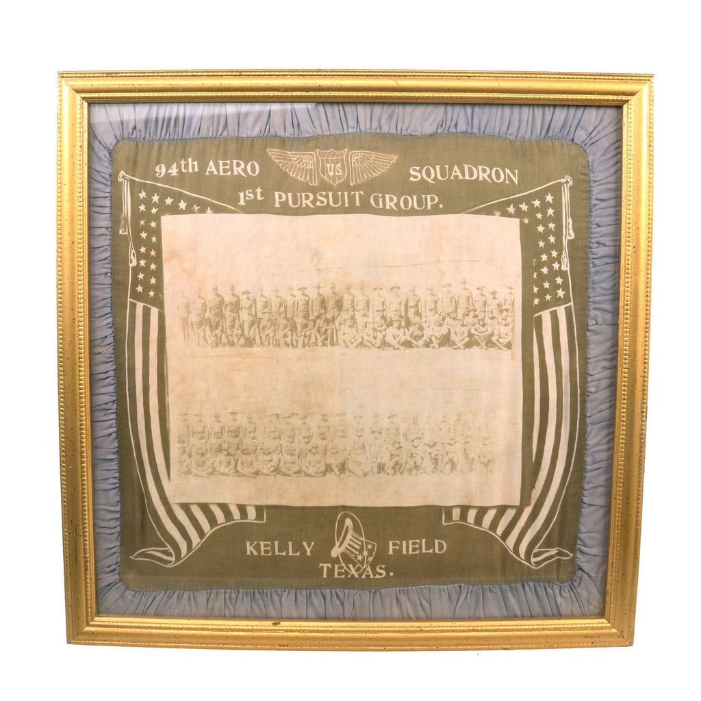 Original U.S. WWI Framed Commemorative “Hat in the Ring” 94th Aero Squadron Pillowcase with Photo of Men From Unit - Squadron of Medal of Honor Recipient Eddie Rickenbacker - 22 x 22” Original Items
