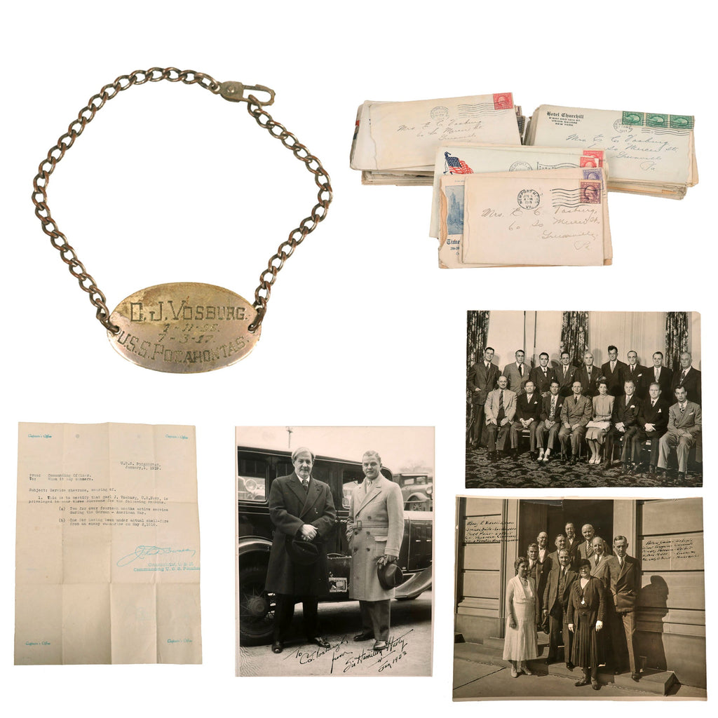 Original U.S. WWI Navy ID Bracelet & 50 Letter Ephemera Grouping with War Chevron Letter - USS Pocahontas Original Items