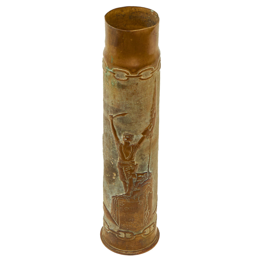 Original U.S. Philippine-American War Outstanding & Intricate Navy Trench Art Shell Engraved with Flags, Statue Commemorating Heroes of ‘96 - Named to Philippine-Born 17-Year USN Veteran - Dated 1898 Original Items