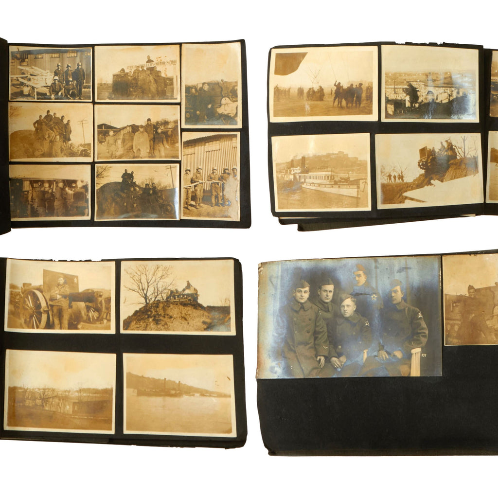 Original U.S. WWI 2nd Division 17th Field Artillery Photo Album with Group Photo Showing Patches, American Soldiers in German Helmets - 70 Photos Total Original Items