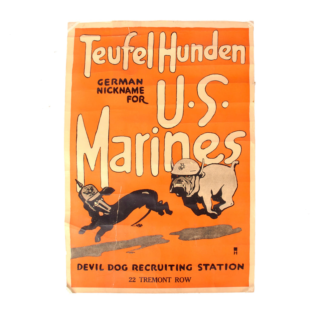 Original U.S. WWI US Marine Corps “Teufel Hunden” Recruitment Poster with Boston, Massachusetts Address - 22 Tremont Row - 19 x 27½” Original Items