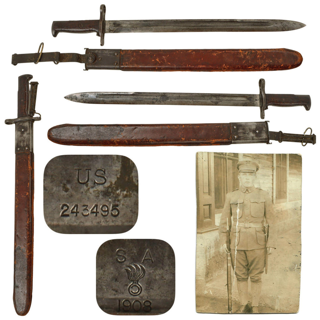 Original U.S. WWI M1905 Springfield 16-inch Rifle Bayonet by S.A. with Rare 1st Pattern M1906 Scabbard by R.I.A. and Original Photo of Soldier Wearing One - Dated 1908 Original Items