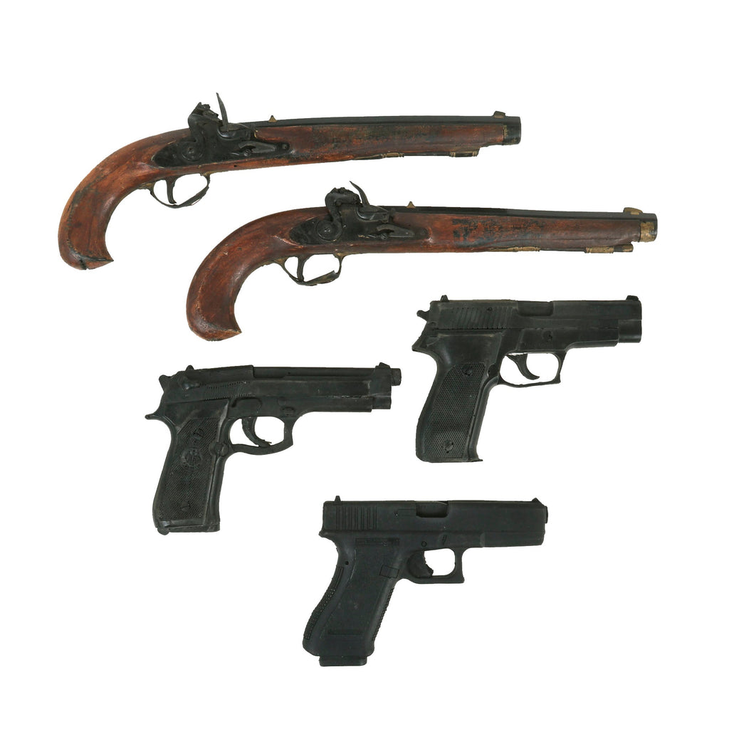 Original Hollywood Film Rubber Prop Pistols from Ellis Props & Graphics - (2) Flintlock Pistols - Glock - Beretta - Sig Sauer - 5 Items Original Items