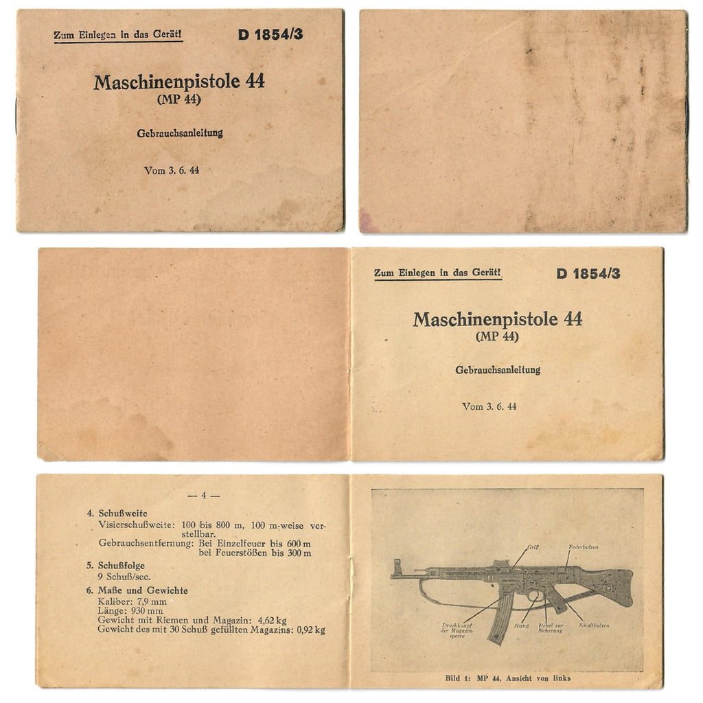 Original German WWII MP44 STG 44 Sturmgewehr Butt Stock Trap Manual - Dated June 1944 Original Items